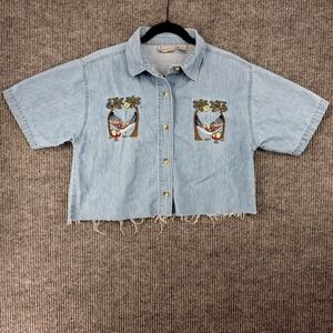 Vintage Allyson Whitmore tropical hammock embroidered denim crop shirt raw hem M